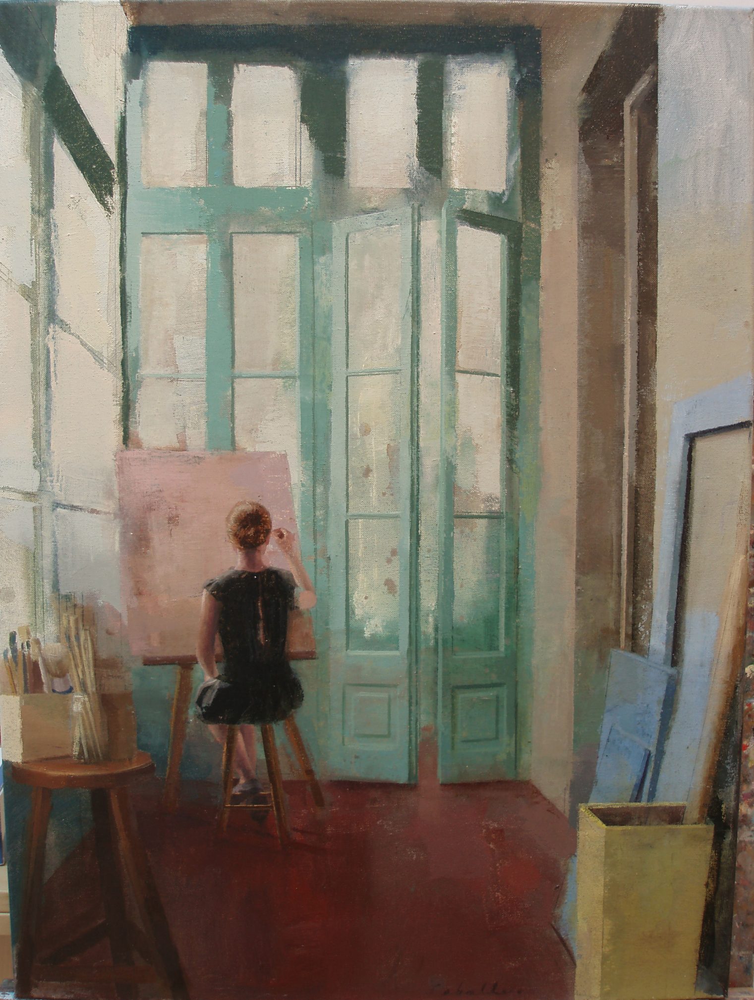 estudio-de-pintura-alejandra-caballero-oleo-mujer-pintora-sentada-estudio-pintura-vermeer